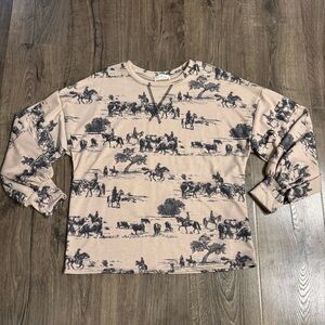 Avery Cowgirl Wild West Beige and Black Patterned Shirt Womens size Small